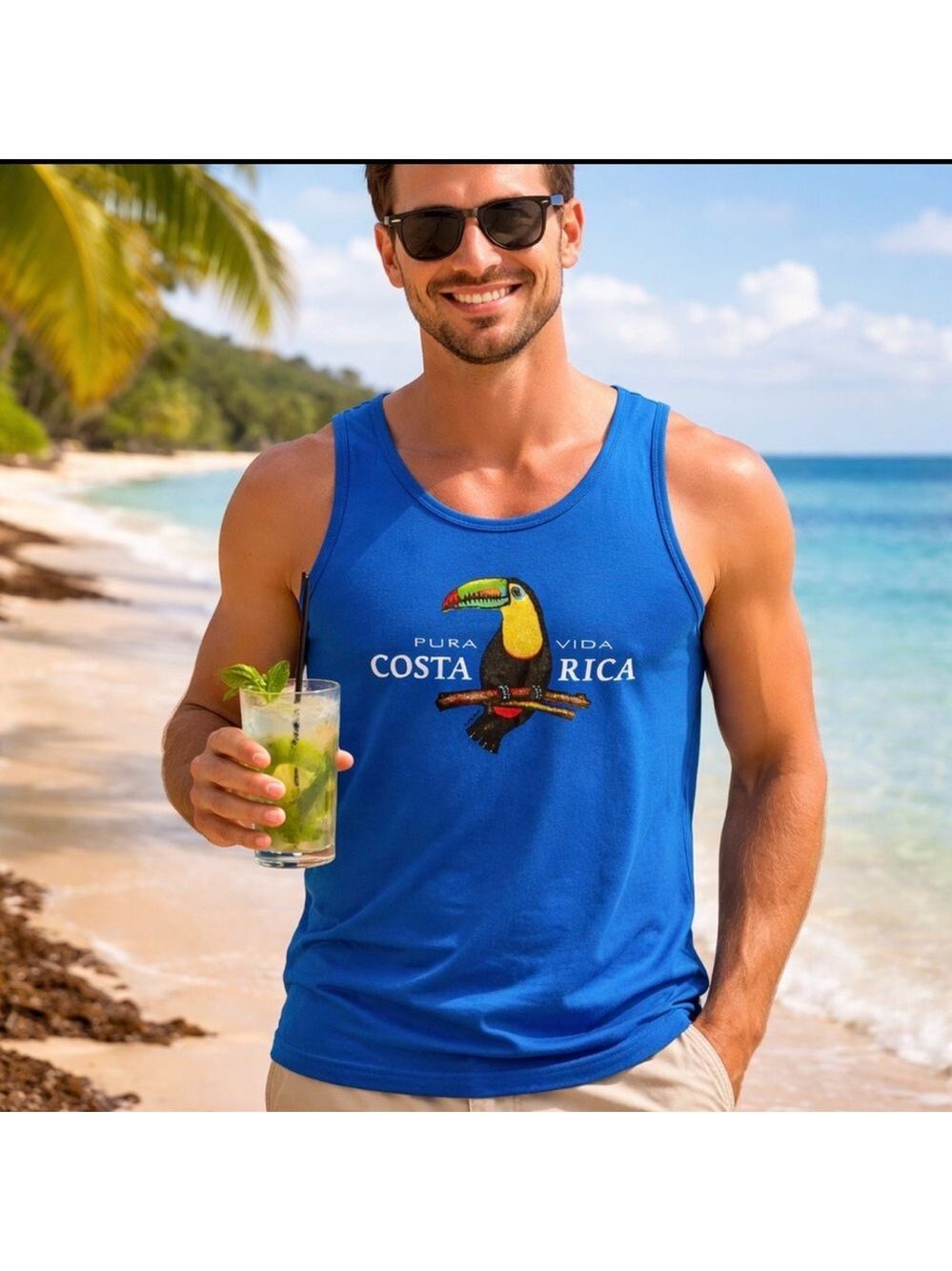 COSTA RICA PURA VIDA TOUCAN BEACH TANK TOP BLUE TOURIST COTTON MEDIUM